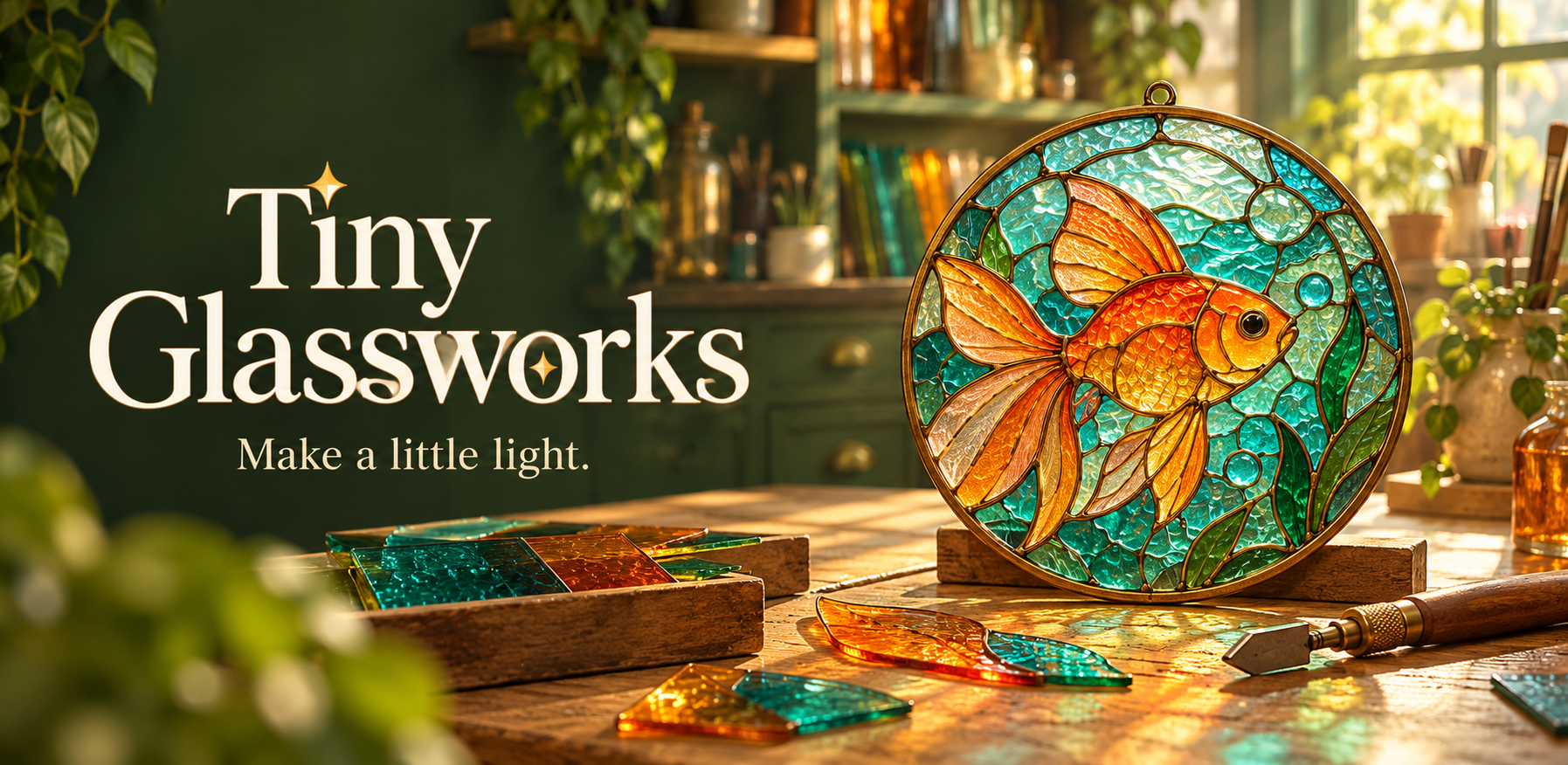 Tiny Glassworks — Make a little light. A sunlit workshop with a golden fish stained-glass panel, coloured glass and hand tools.